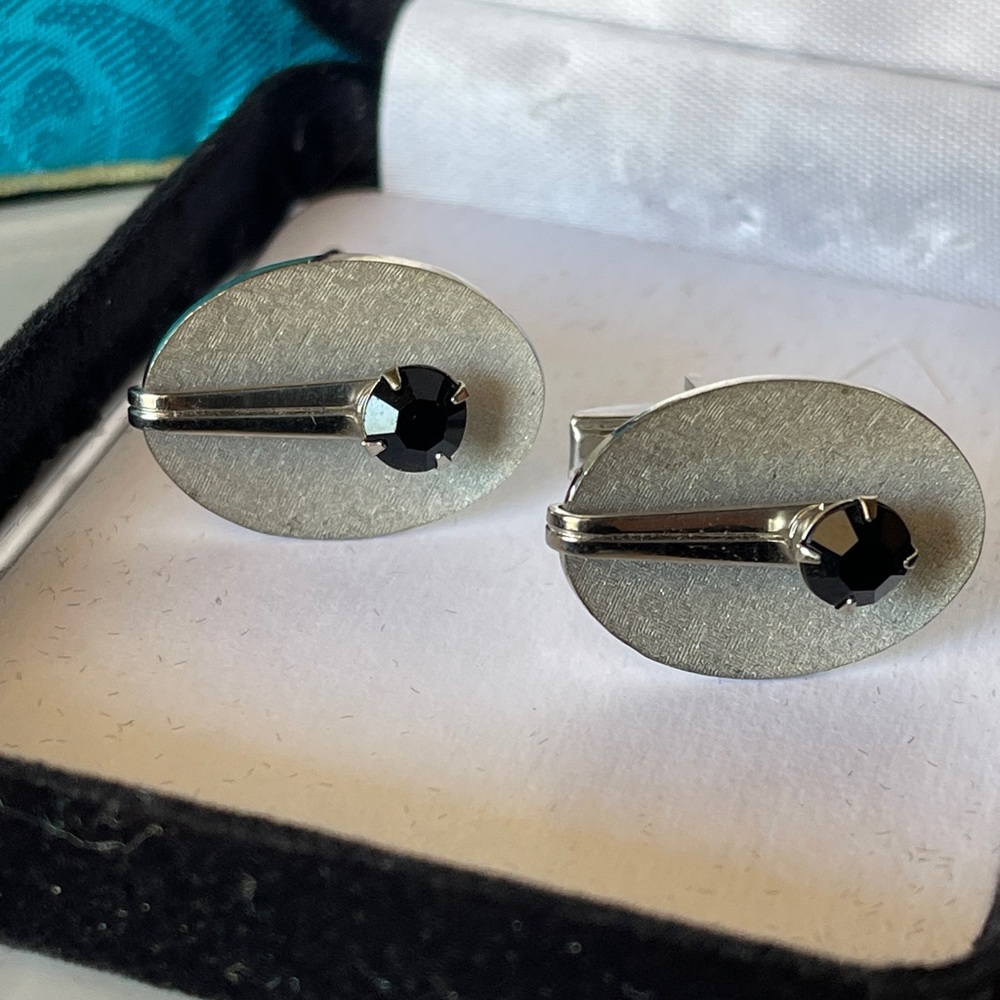 Silver Oval Cufflinks with Black Stone Accent